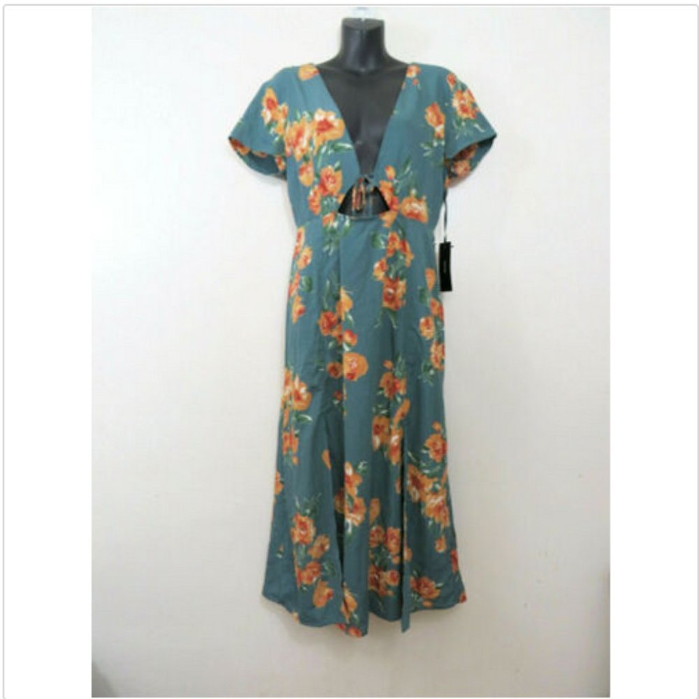 Lulus Short Sleeve Floral Midi Dress Green Cut Out